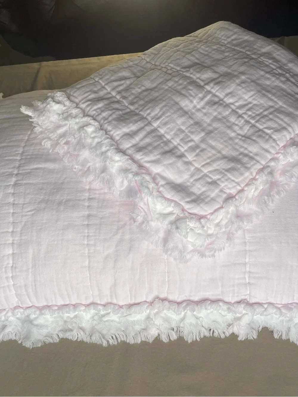 2 Boho Feminine Raw Edge Pillow Shams Quilted Pale Pink 100% Cotton CottageCore